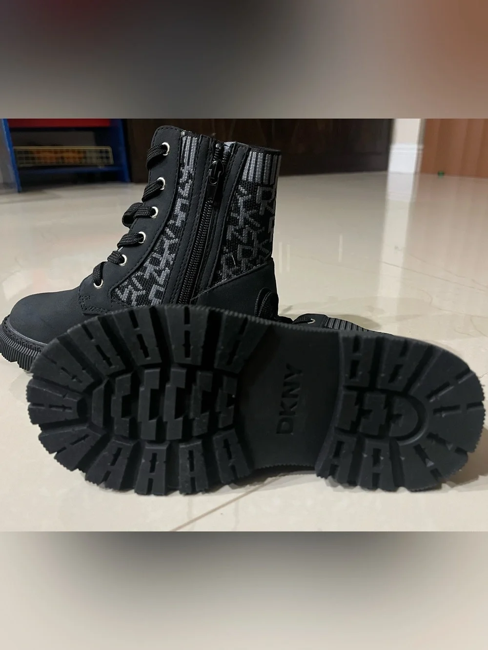 DKNY Black & Gray Monogram Lace-Up Kids Ankle Boots